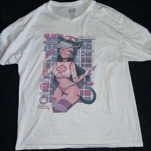 White Graphic T-Shirt with Anime Nurse Design